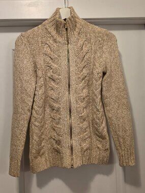 Tommy Hilfiger Cable Knit Full Zip Mock Neck Cardigan Sweater Beige Oatmeal/Gold